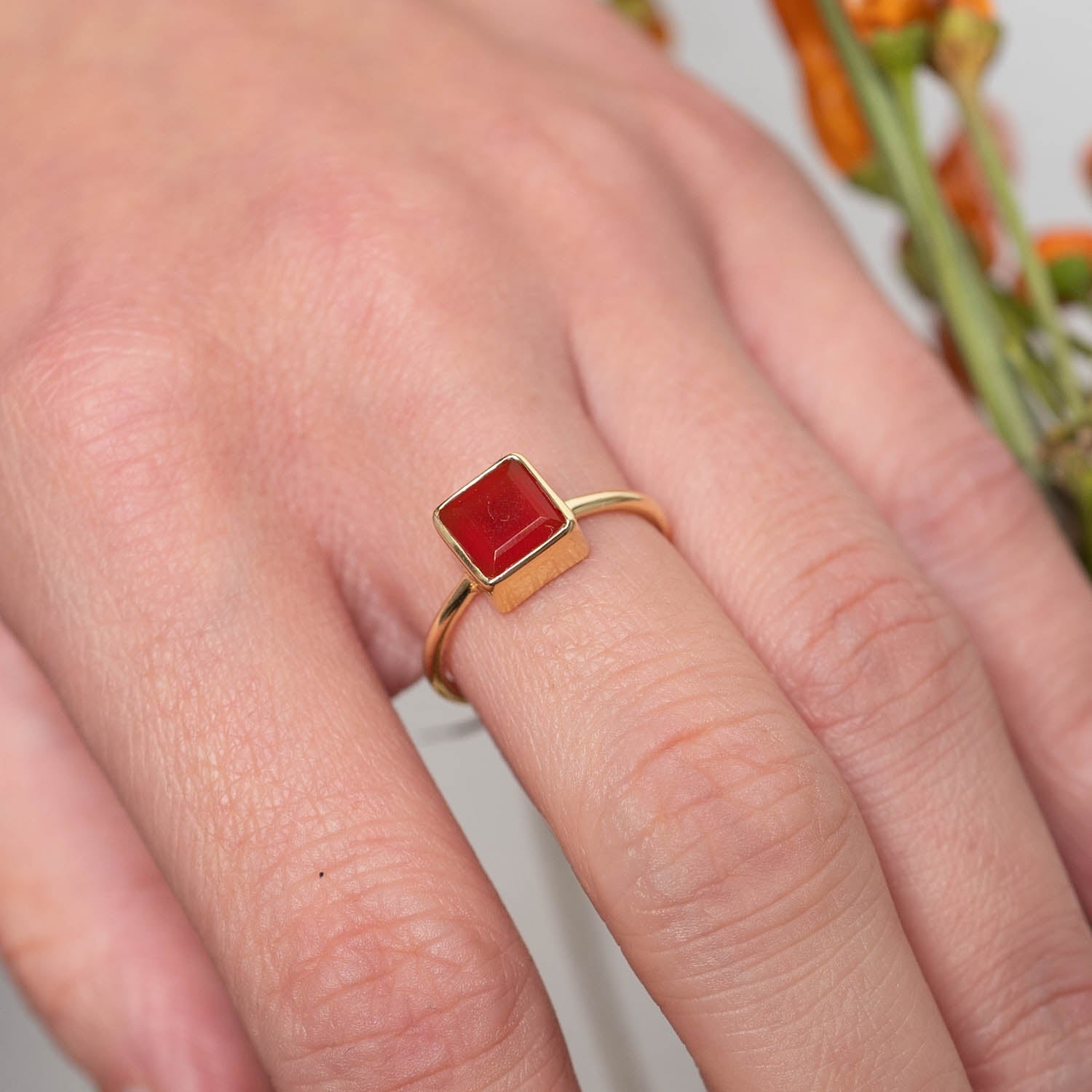 Ring Aline Square Red Onyx - Fleurs des Prés Jewelry